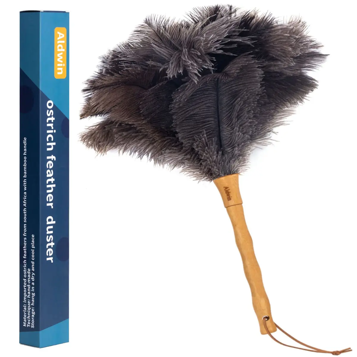Aldwin 16" Gray Ostrich Feather Duster with Wooden Handle | Reusable & Washable Cleaning Tool - main product image