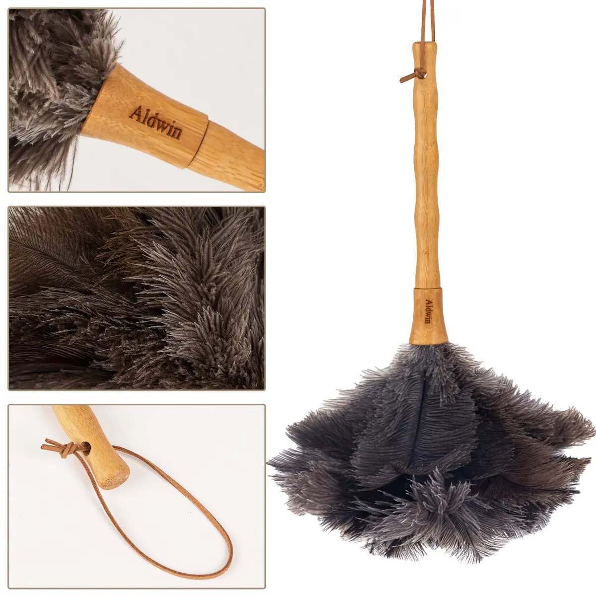 Aldwin 16" Gray Ostrich Feather Duster with Wooden Handle | Reusable & Washable Cleaning Tool - view 4