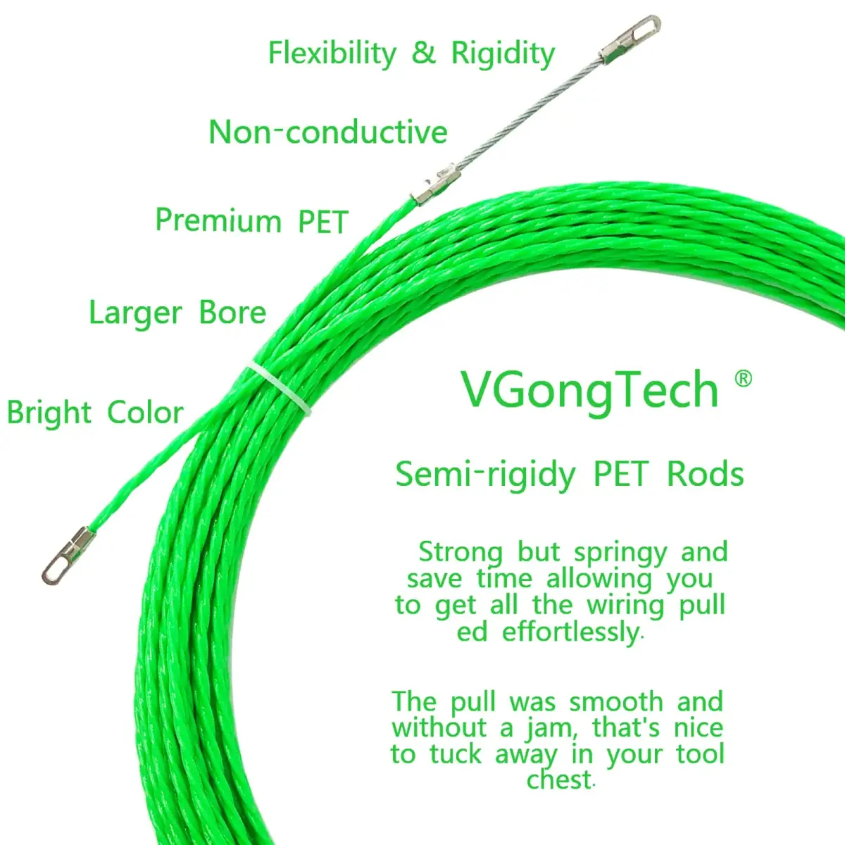 VGongTech 20m (66ft) PET Fish Tape Cable Puller Kit | Non-Conductive Wire Guide for Walls & Conduits - view 2