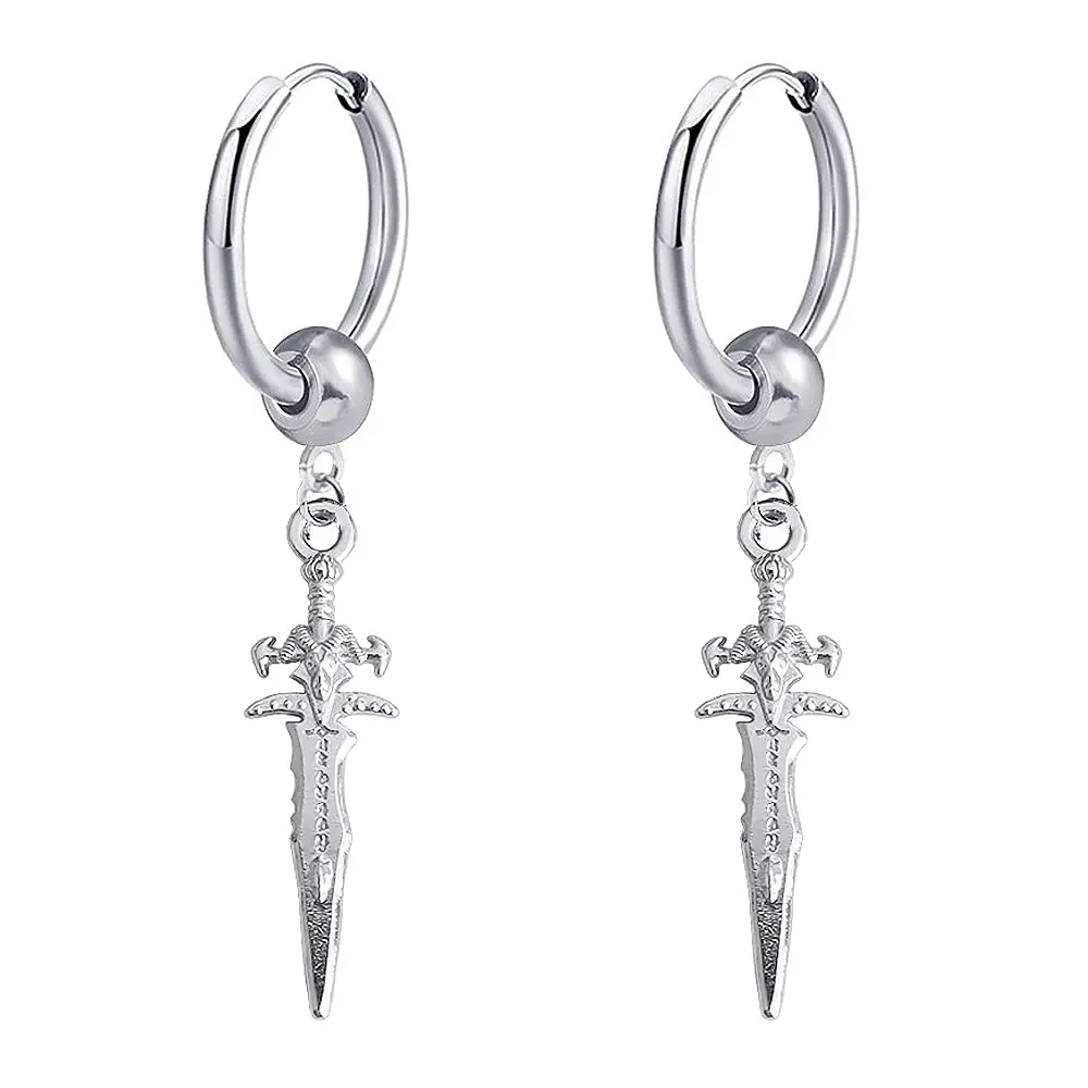 Hebelee Sword Drop Dangle Small Hoop Earrings for Women Men | Silver Tone, 52mm Length, Drop & Dangle Style - main product image