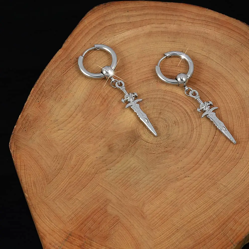 Hebelee Sword Drop Dangle Small Hoop Earrings for Women Men | Silver Tone, 52mm Length, Drop & Dangle Style - view 5