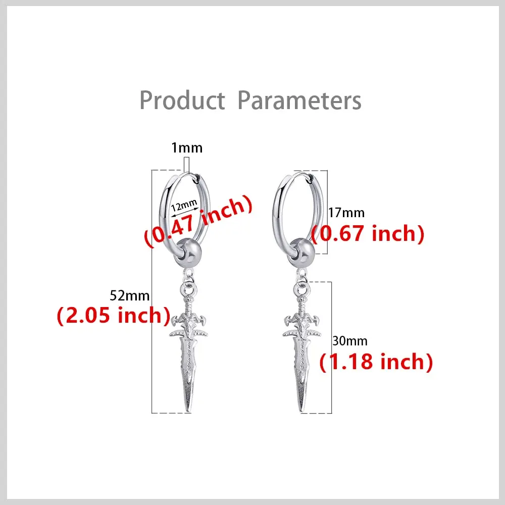 Hebelee Sword Drop Dangle Small Hoop Earrings for Women Men | Silver Tone, 52mm Length, Drop & Dangle Style - view 6