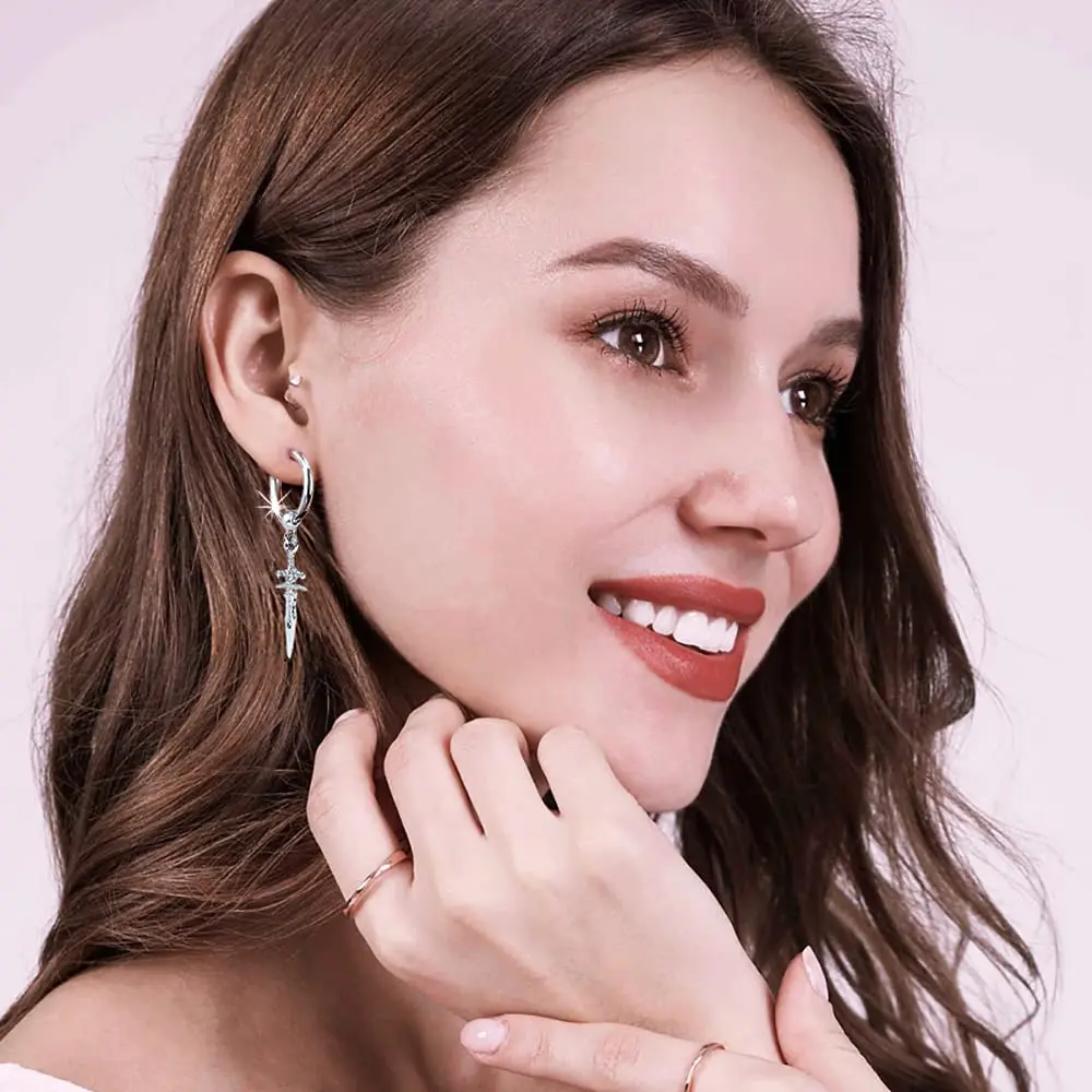 Hebelee Sword Drop Dangle Small Hoop Earrings for Women Men | Silver Tone, 52mm Length, Drop & Dangle Style - view 2