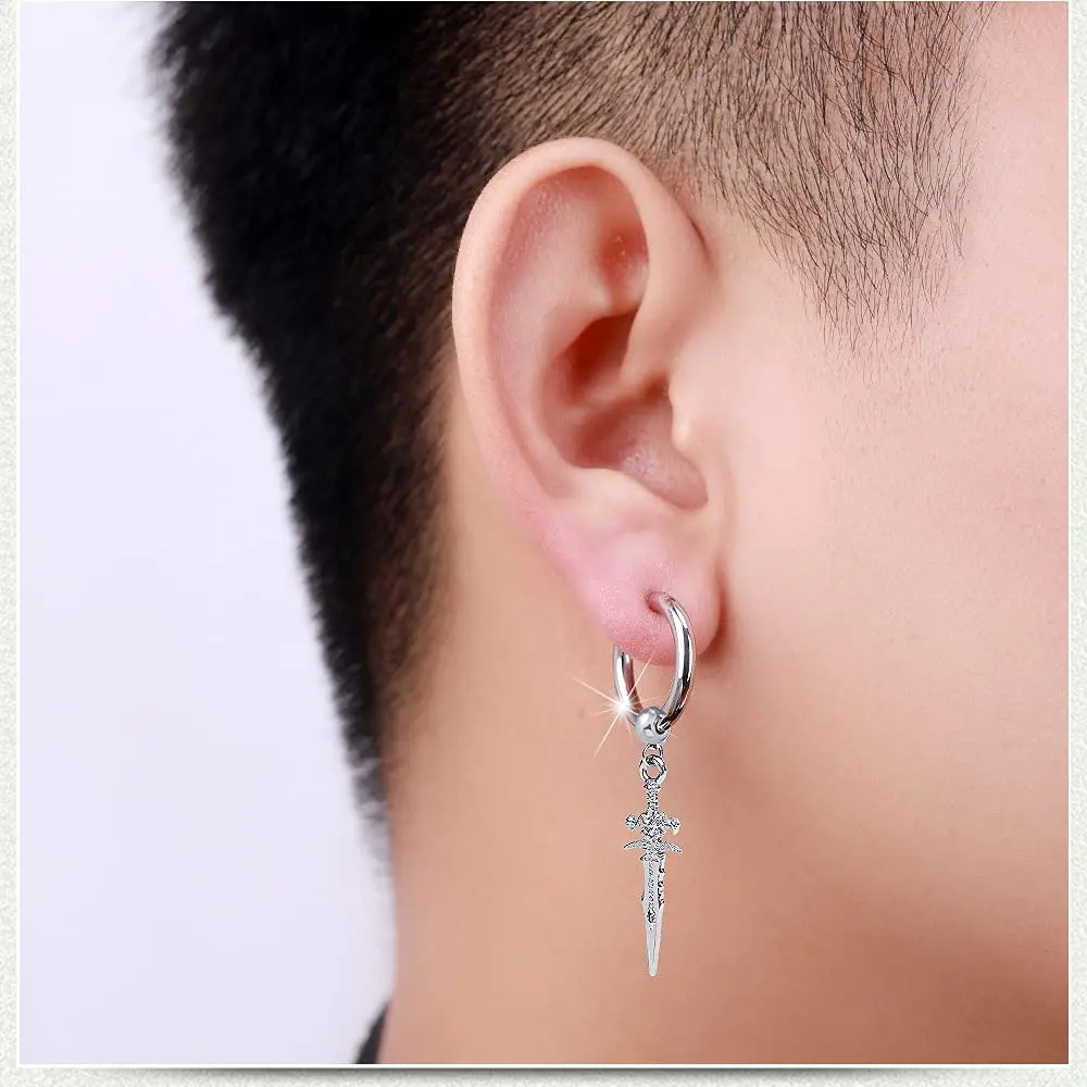 Hebelee Sword Drop Dangle Small Hoop Earrings for Women Men | Silver Tone, 52mm Length, Drop & Dangle Style - view 3
