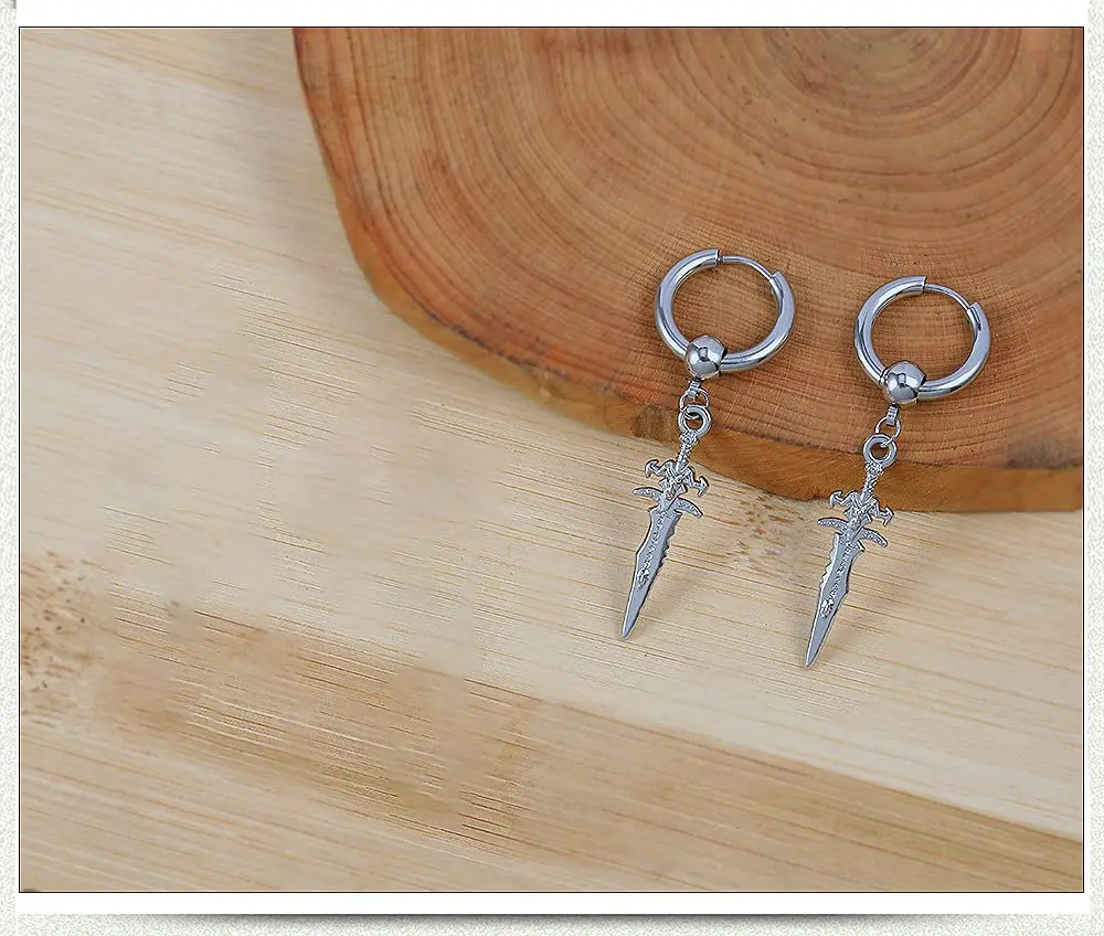 Hebelee Sword Drop Dangle Small Hoop Earrings for Women Men | Silver Tone, 52mm Length, Drop & Dangle Style - view 4