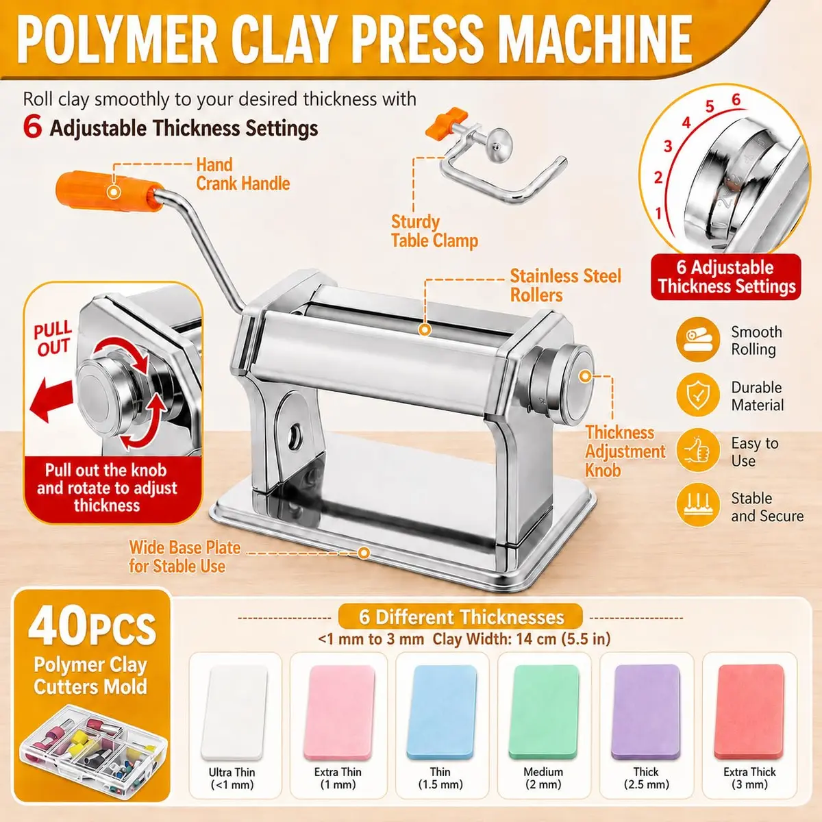 Foifatt Polymer Clay Press Machine with 40 Cutters | 145mm (5.78in) Wide, 6 Thickness Settings - view 5