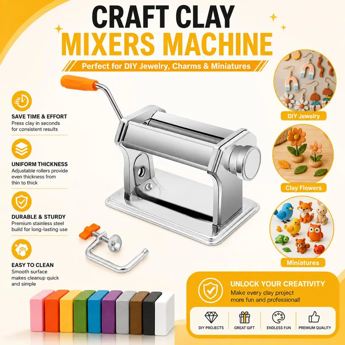 Foifatt Polymer Clay Press Machine with 40 Cutters | 145mm (5.78in) Wide, 6 Thickness Settings - view 7
