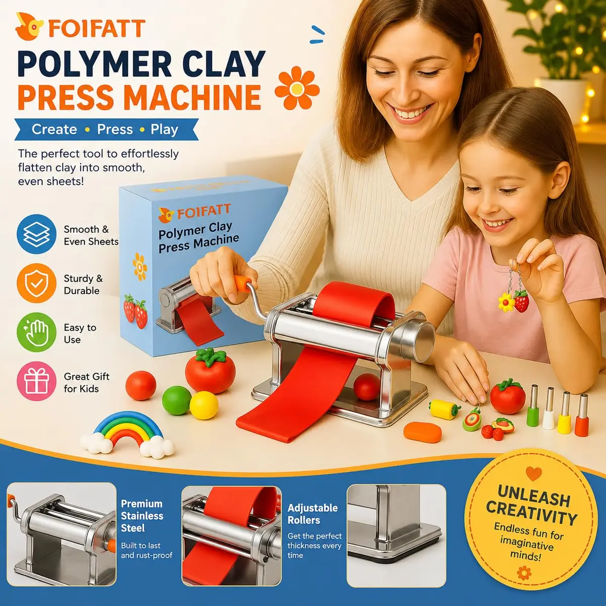 Foifatt Polymer Clay Press Machine with 40 Cutters | 145mm (5.78in) Wide, 6 Thickness Settings - view 2