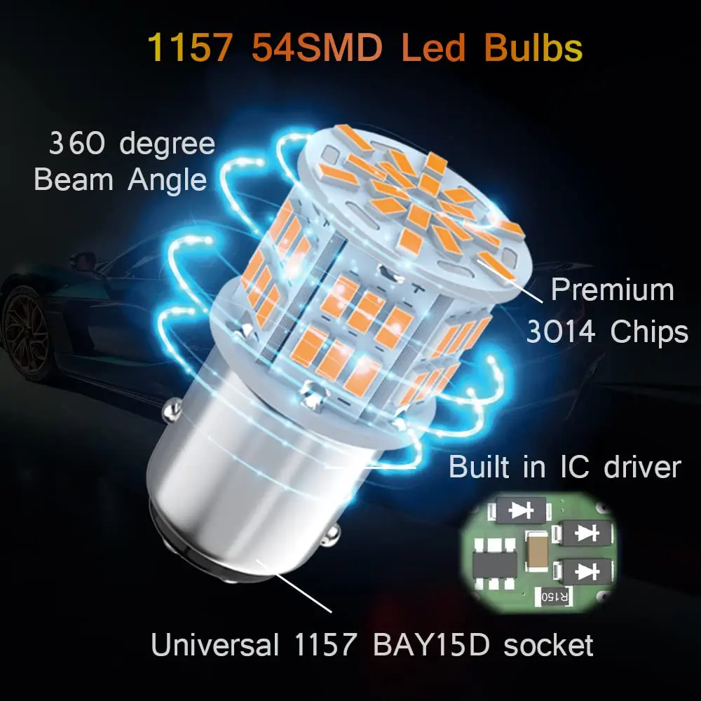 Melphan-Auto 1157 LED Brake Light Bulb 12V-24V | 54SMD Amber Yellow, 360° Brightness - view 5