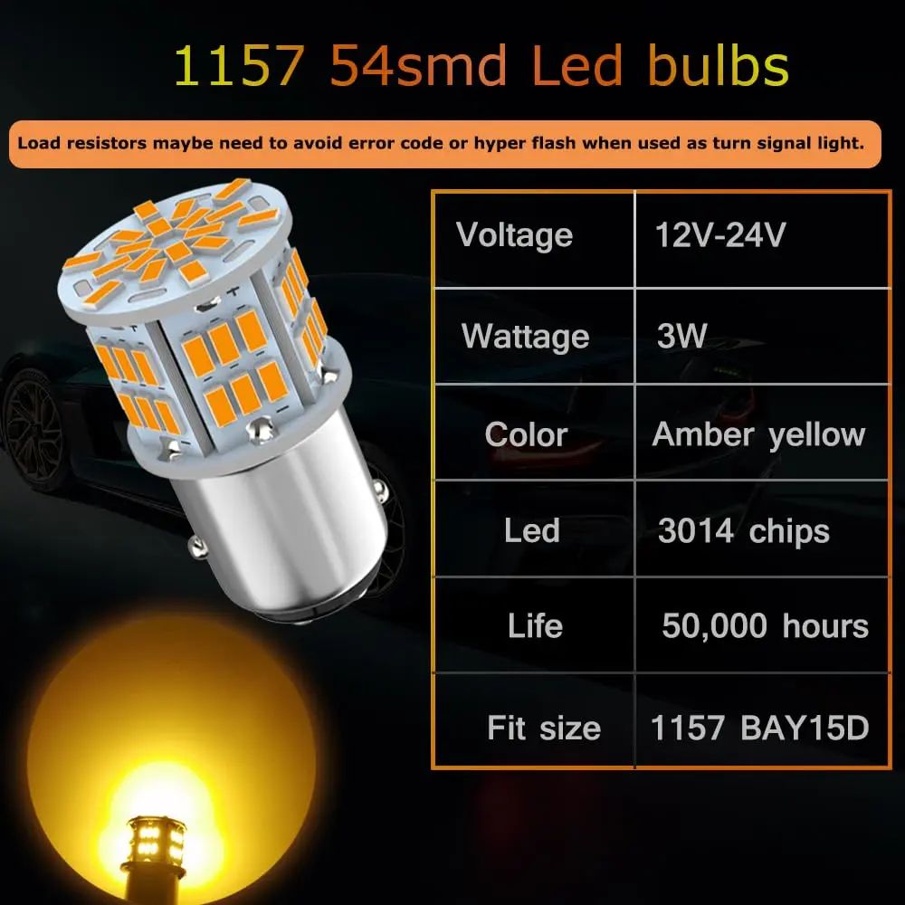 Melphan-Auto 1157 LED Brake Light Bulb 12V-24V | 54SMD Amber Yellow, 360° Brightness - view 3