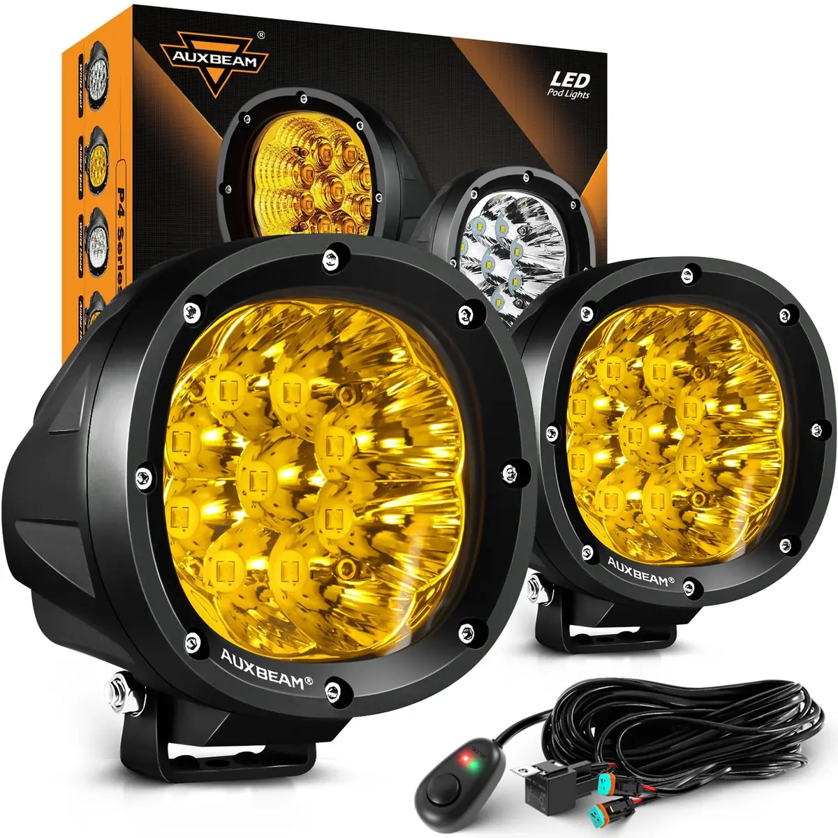 Auxbeam P4 Series 4-Inch Amber LED Offroad Lights Round LED Pods 2-Pack | 8800 Lumens, Impact-Resistant, Waterproof - main product image