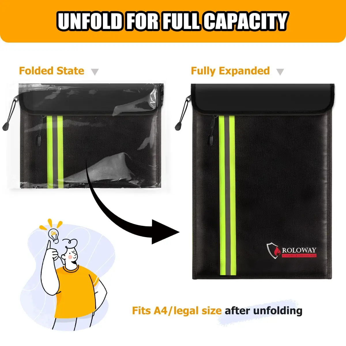 ROLOWAY Fireproof Document Bag 40 x 28 cm (15 x 11 inch) | Protects Cash, Legal Papers, Laptop - view 5