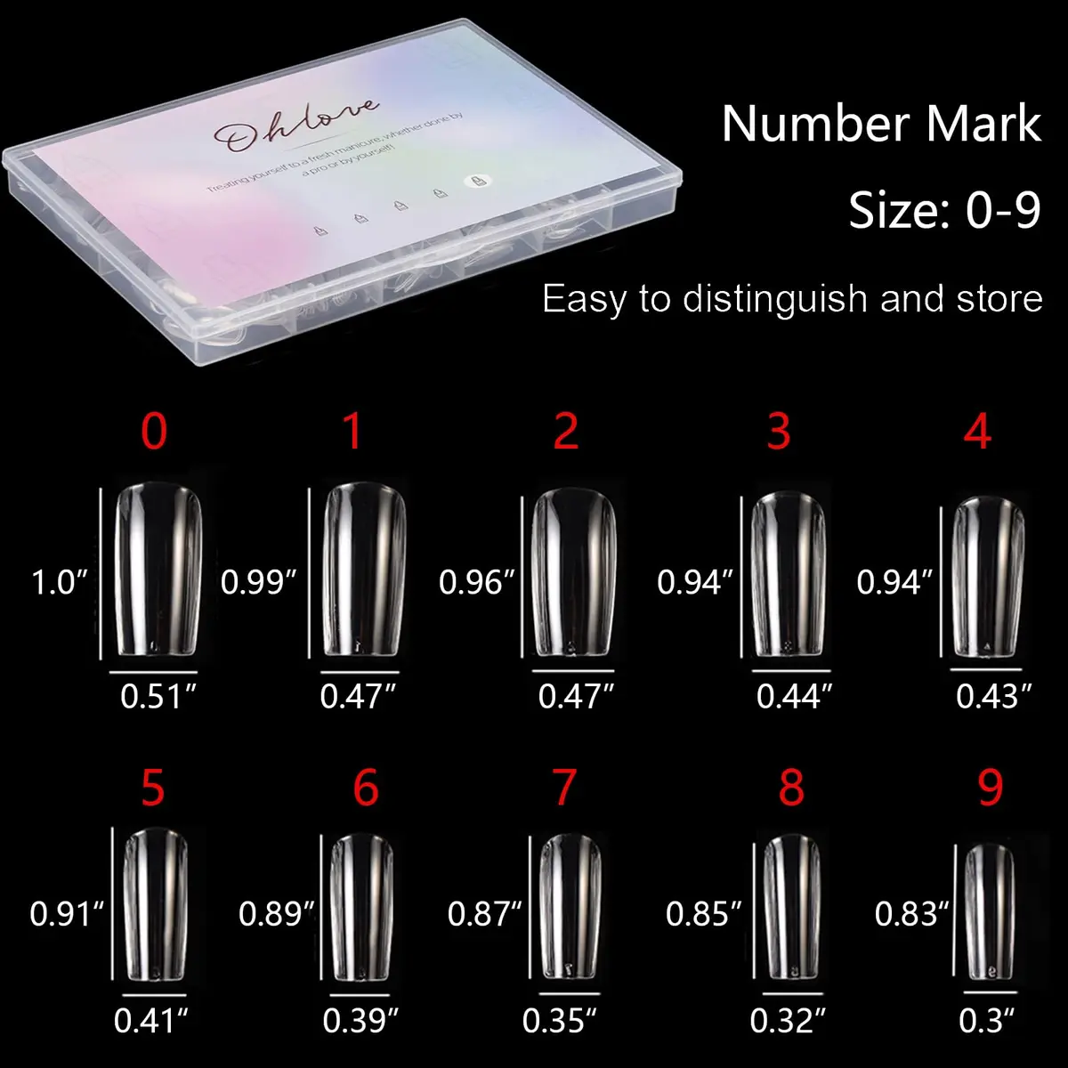 Ohlove Square Nail Tips Full Cover Clear Fake Nail Tips for Acrylic Nails, Size 0~9 (500 Count) - view 3
