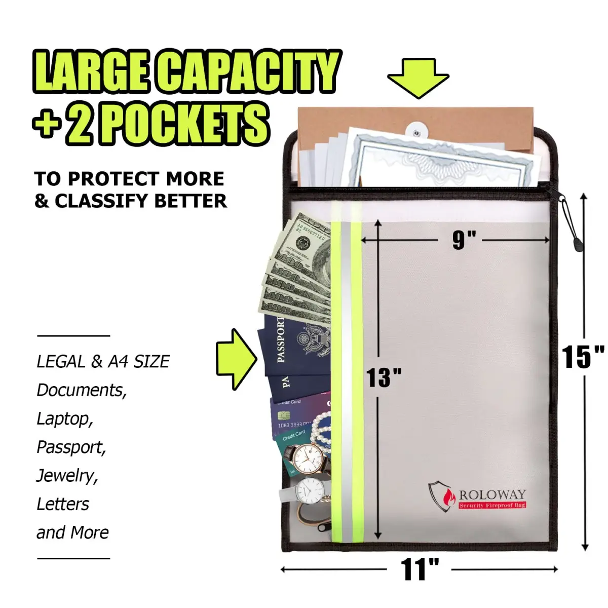 ROLOWAY Fireproof Document Bag 38cm x 28cm (15 x 11 inch) | Protects Documents from Fire and Water - view 2