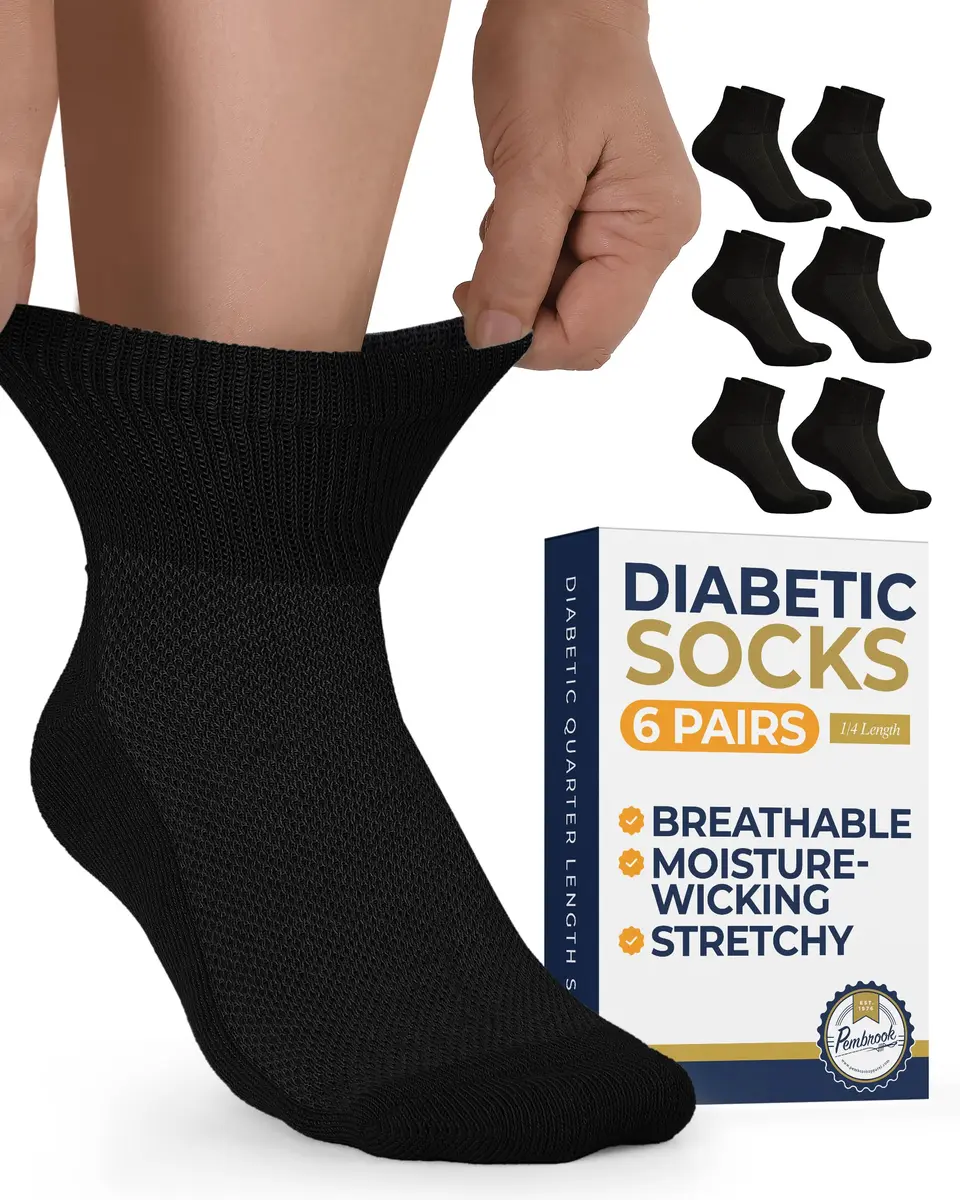 Pembrook Black Diabetic Socks for Men & Women | 6 Pairs | Medium (Men 5-9, Women 6-10) | Moisture-Wicking Ankle Socks - main product image