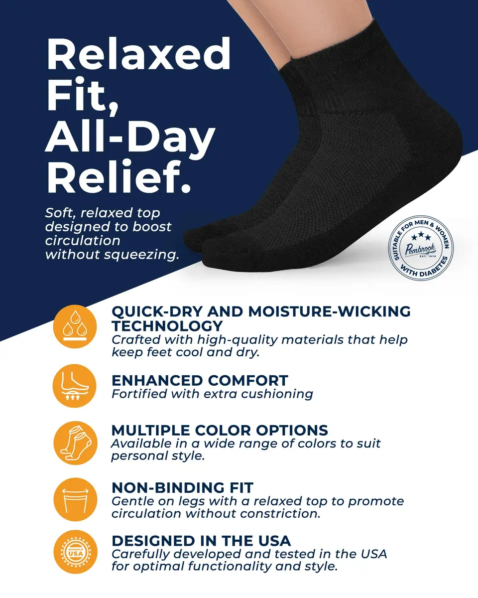 Pembrook Black Diabetic Socks for Men & Women | 6 Pairs | Medium (Men 5-9, Women 6-10) | Moisture-Wicking Ankle Socks - view 2