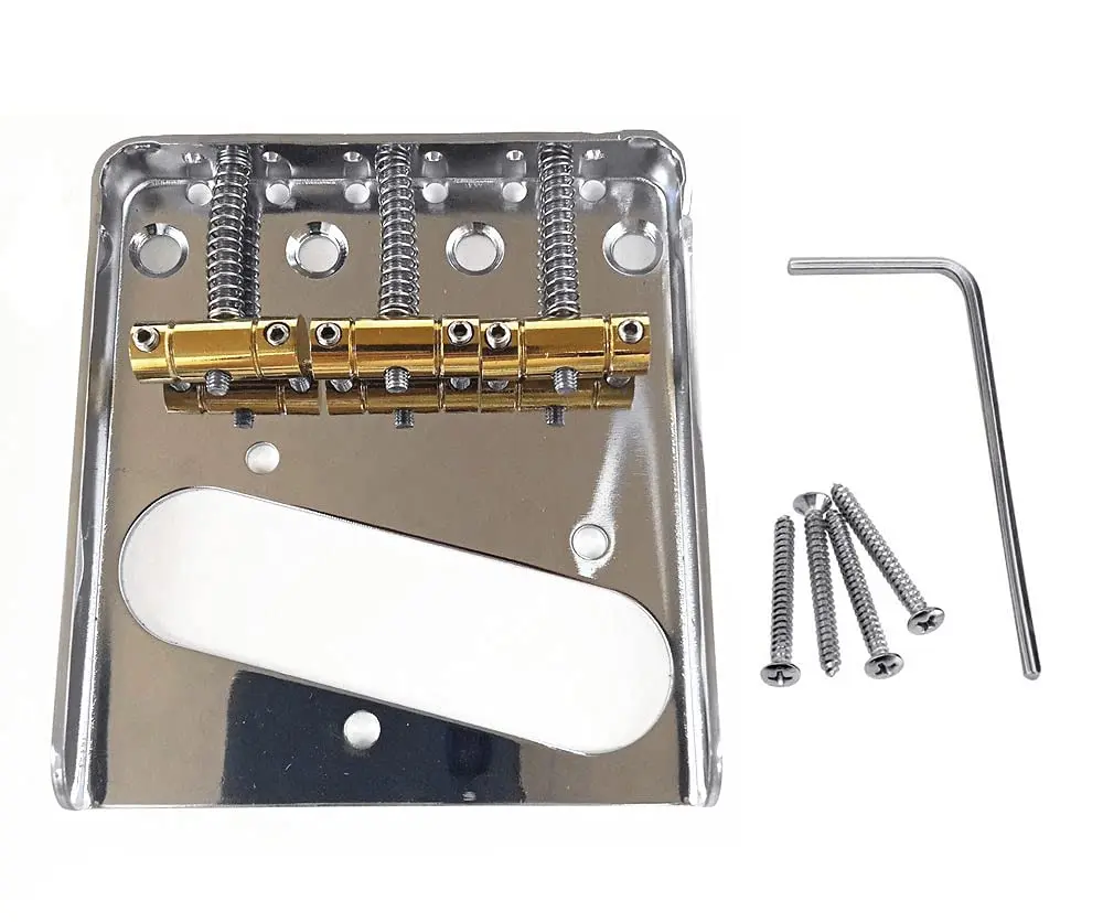 Jiayouy Chrome Bridge Assembly with 3 Brass Saddles Set for Fender Telecaster Tele Vintage Electric Guitar Replacement Part | Chrome Plated Metal Upgrade - main product image
