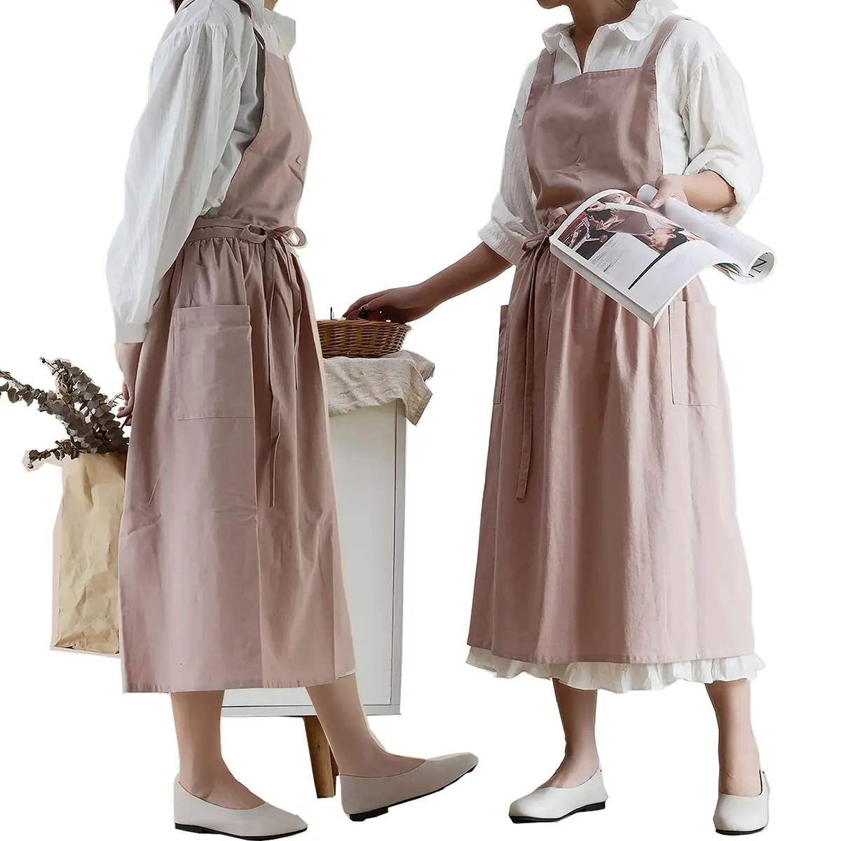 VLZUFE Women Cotton Linen Cross Back Apron with Pockets | Stylish Gardening & Kitchen Apron (70-120 chars) - main product image