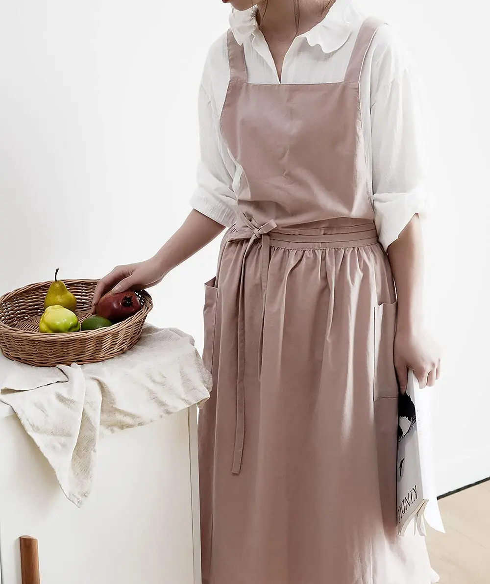 VLZUFE Women Cotton Linen Cross Back Apron with Pockets | Stylish Gardening & Kitchen Apron (70-120 chars) - view 4
