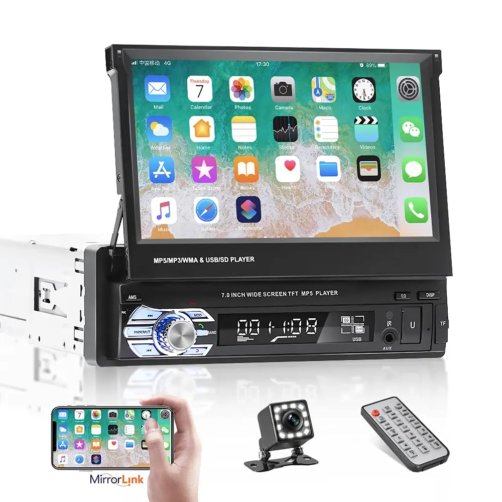 NHOPEEW Bluetooth Car Stereo 7 Inch Retractable Touchscreen with Backup Camera Support Mirror Link - main product image