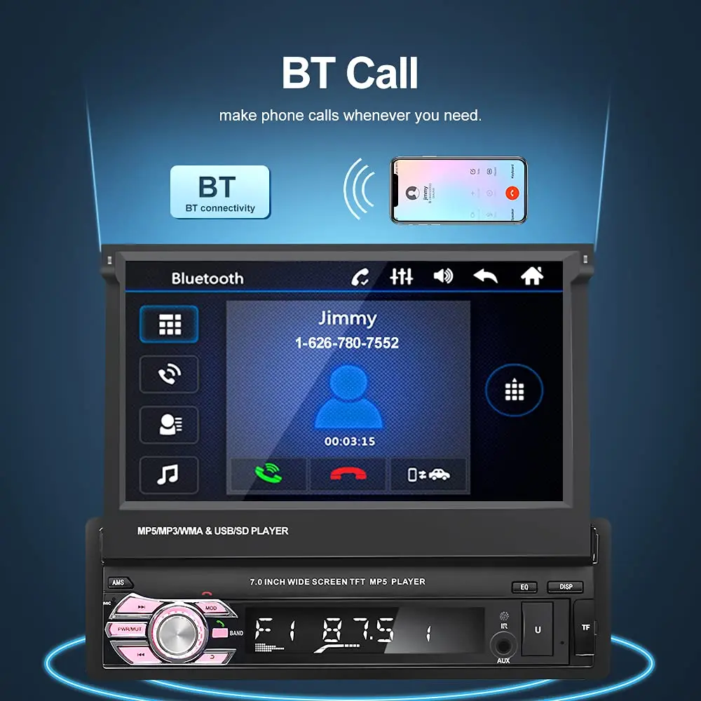 NHOPEEW Bluetooth Car Stereo 7 Inch Retractable Touchscreen with Backup Camera Support Mirror Link - view 4