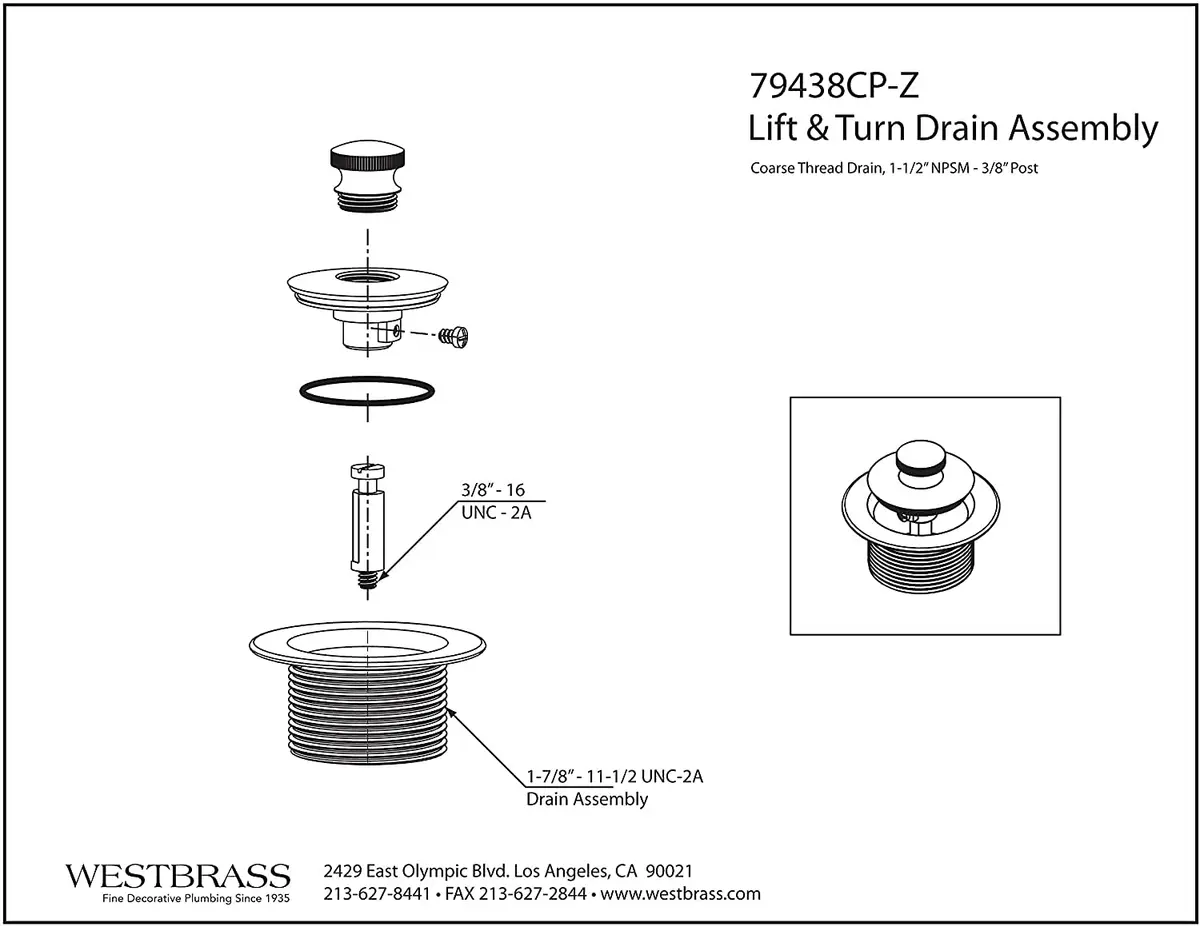 Westbrass 1-1/2" NPSM Coarse Thread Twist & Close Bathtub Drain Plug, Polished Chrome (100-Pack) | Fits Coarse Thread Tub Drain Shoe - view 2