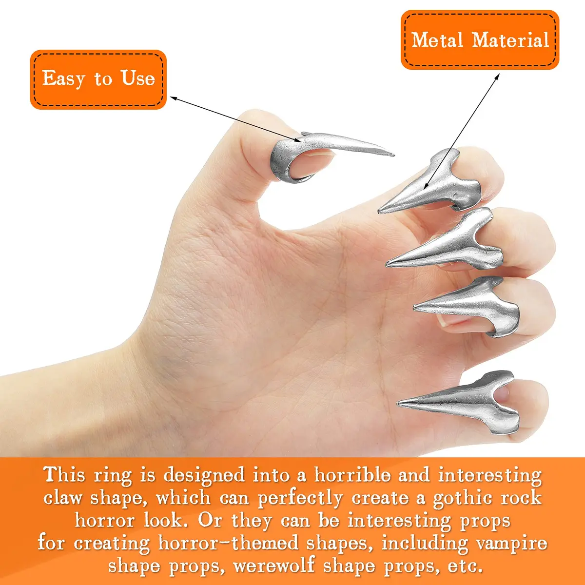 Hicarer 10 Pcs Metal Finger Claws Rings Full Finger Set Cosplay,Silver | Gothic Halloween Prop - view 6
