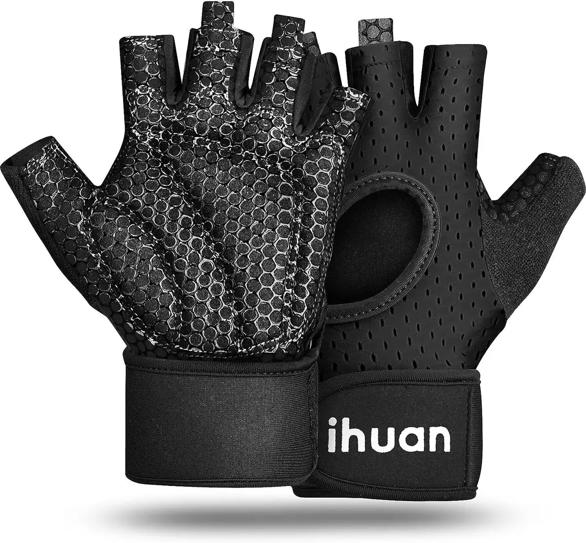 ihuan Breathable Weight Lifting Gloves Large Black | Fingerless Workout Gym Gloves with Wrist Support - main product image