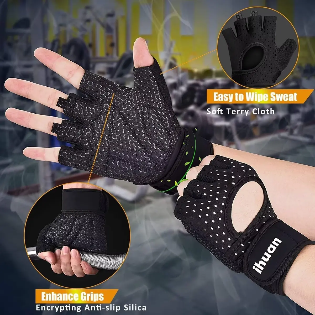 ihuan Breathable Weight Lifting Gloves Large Black | Fingerless Workout Gym Gloves with Wrist Support - view 5