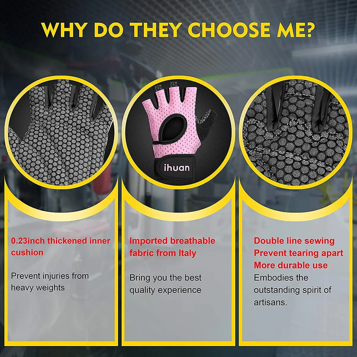 ihuan Breathable Fingerless Weight Lifting Gloves with Wrist Support - Large Pink | 0.23-inch Palm Padding for Gym Training - view 7