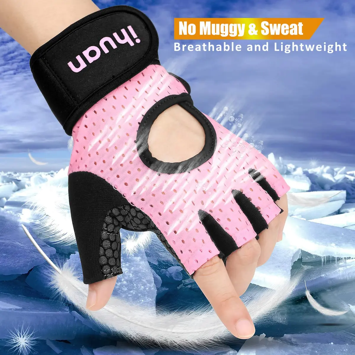 ihuan Breathable Fingerless Weight Lifting Gloves with Wrist Support - Large Pink | 0.23-inch Palm Padding for Gym Training - view 2