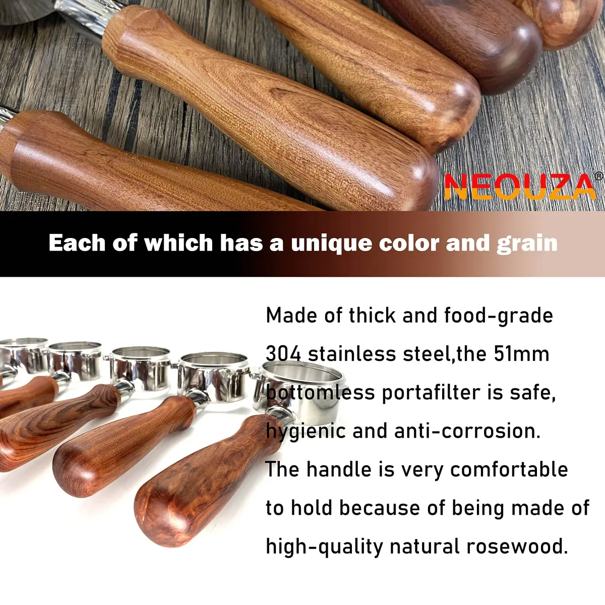NEOUZA 51mm Bottomless Portafilter with Rosewood Handle | Includes Basket, Spoon, Mat, Brushes (1-Pack) - view 7