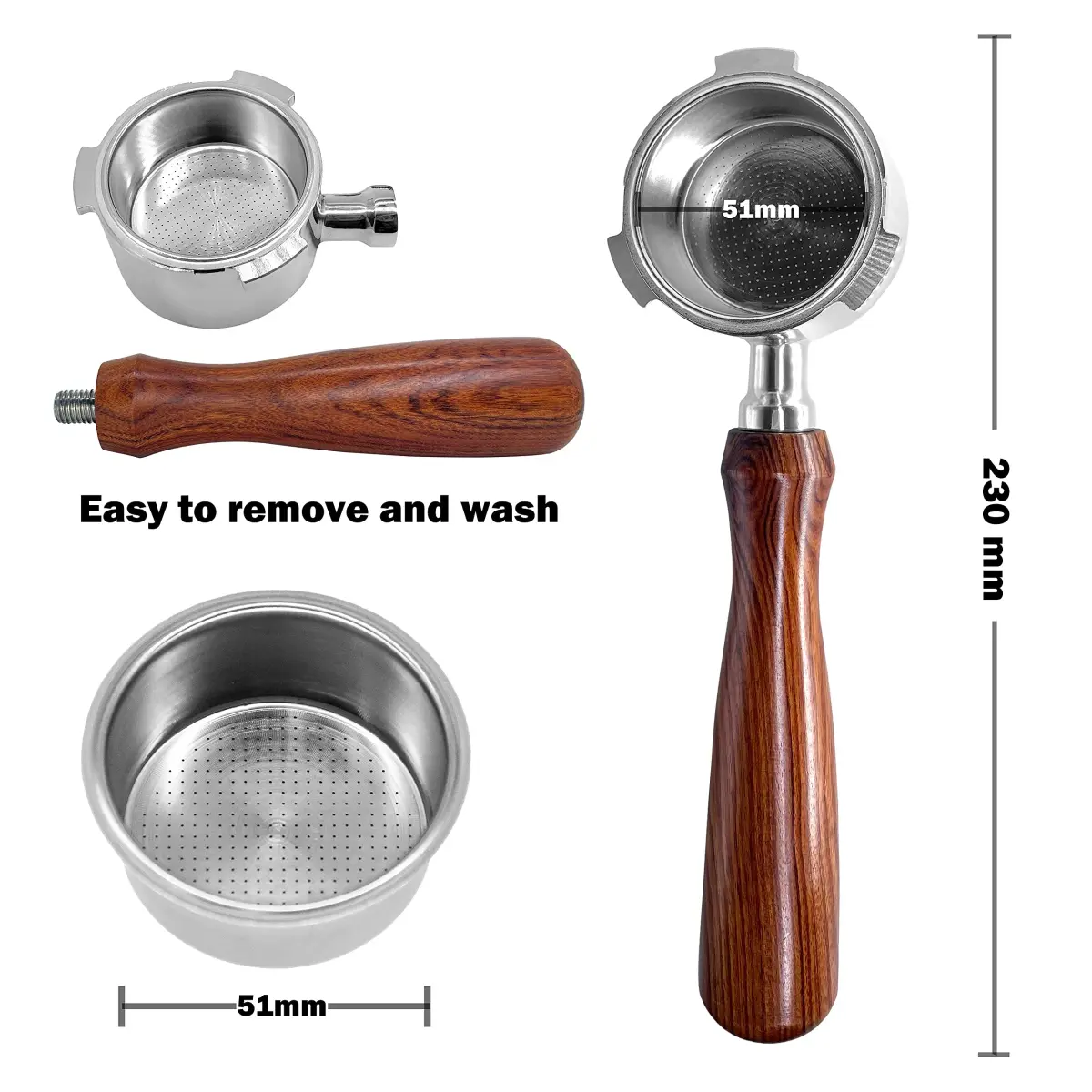 NEOUZA 51mm Bottomless Portafilter with Rosewood Handle | Includes Basket, Spoon, Mat, Brushes (1-Pack) - view 2