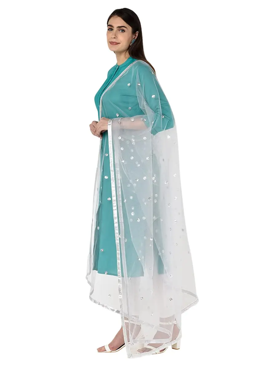 DUPATTA BAZAAR Women's Embellished Silver Net Dupatta 2.4 meters (8 ft) | Festive & Special Occasion Wear - main product image