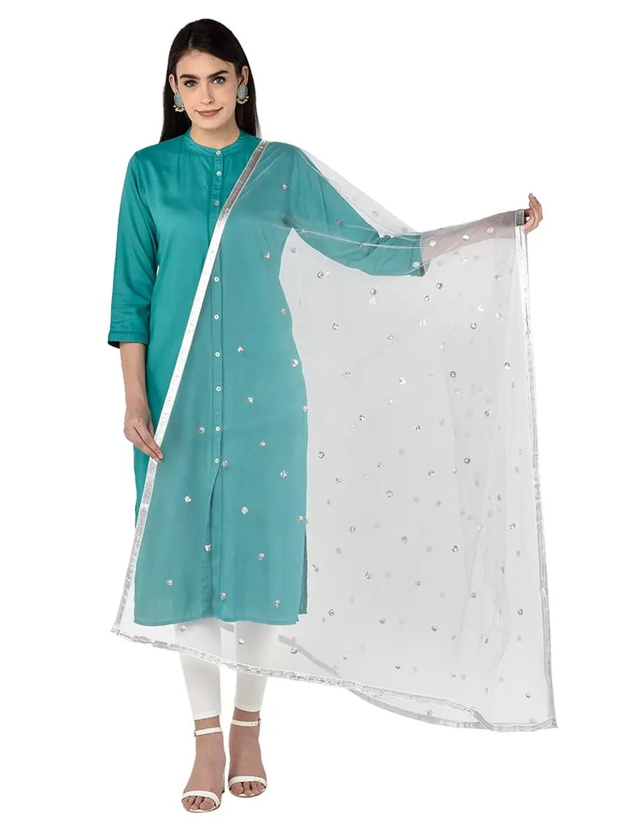 DUPATTA BAZAAR Women's Embellished Silver Net Dupatta 2.4 meters (8 ft) | Festive & Special Occasion Wear - view 3