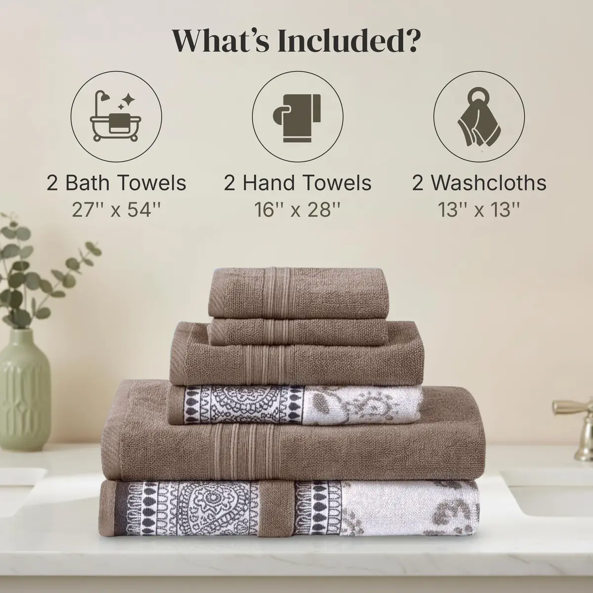 Modern Threads 6 Piece Cotton Bath Towel Set – Reversible Floral Trail, 27x54 & 16x28 Inches, Extra Soft & Absorbent - view 3
