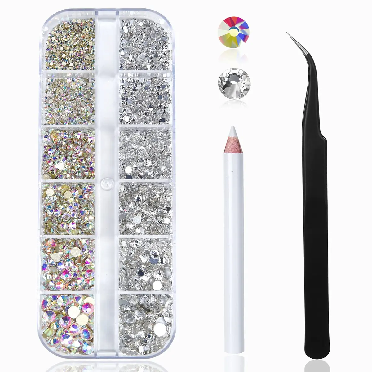 HUETFAT Nail Art Rhinestones Kit 2400pcs | Flatback Crystal AB & White, 6 Sizes (1.5-4.5 mm) for Nail & Craft Decor - main product image