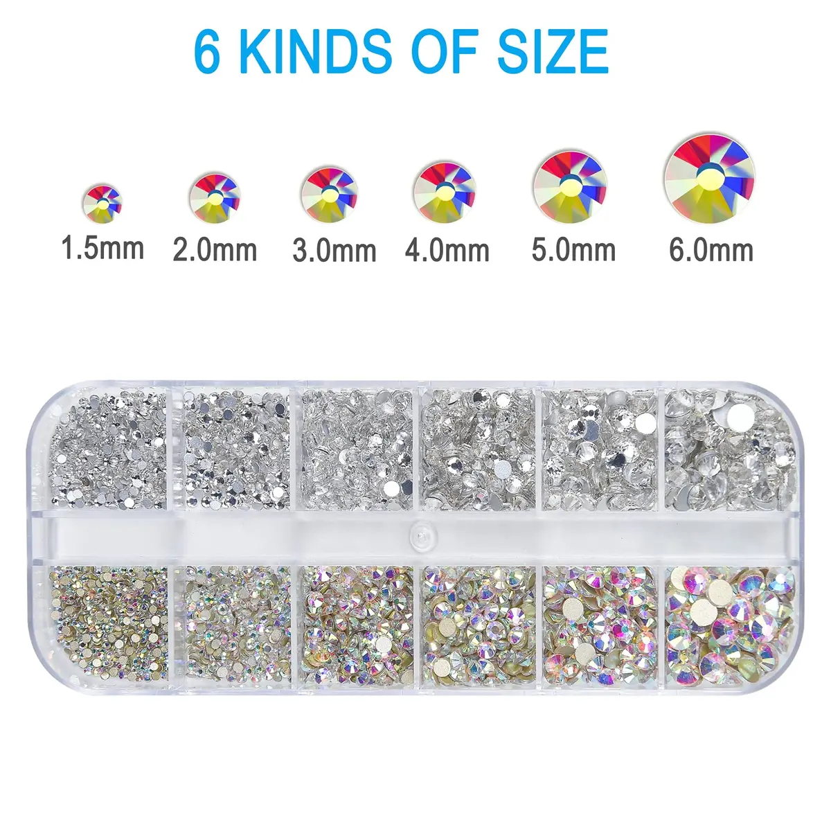 HUETFAT Nail Art Rhinestones Kit 2400pcs | Flatback Crystal AB & White, 6 Sizes (1.5-4.5 mm) for Nail & Craft Decor - view 2