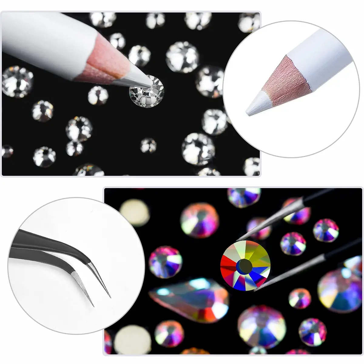 HUETFAT Nail Art Rhinestones Kit 2400pcs | Flatback Crystal AB & White, 6 Sizes (1.5-4.5 mm) for Nail & Craft Decor - view 4