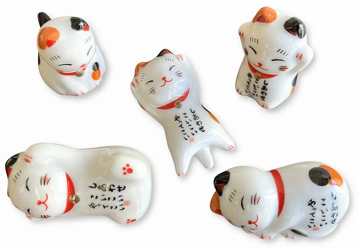 MIUFA Ceramic Cute Lucky Cat Chopstick Rests, Set of 5 | 5.1 cm (2 inch) Hand-Painted Holders - main product image