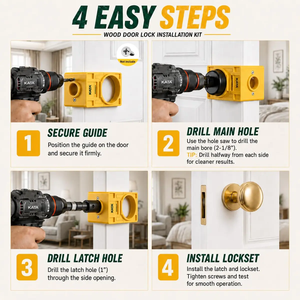 KATA Door Lock Installation Kit for Wood Doors 1.38-1.75 inch Thick | Includes Guide Template, Hole Saws, and Arbor - view 5
