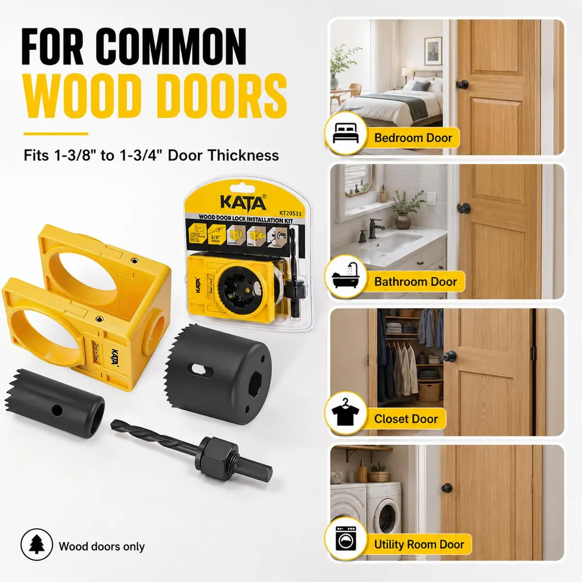KATA Door Lock Installation Kit for Wood Doors 1.38-1.75 inch Thick | Includes Guide Template, Hole Saws, and Arbor - view 6