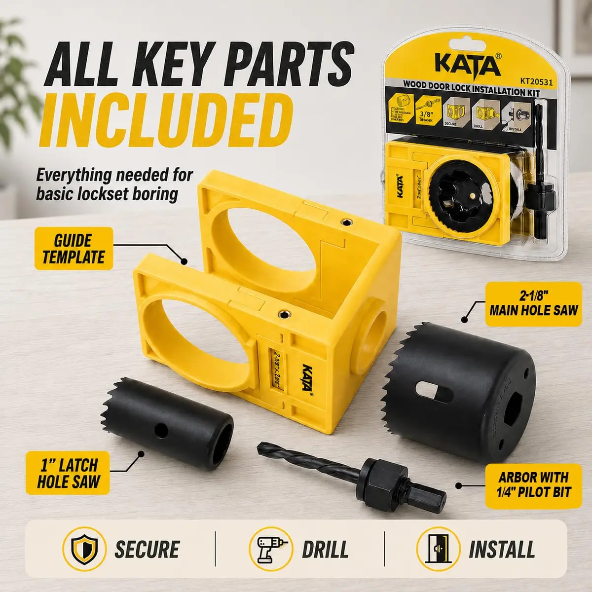KATA Door Lock Installation Kit for Wood Doors 1.38-1.75 inch Thick | Includes Guide Template, Hole Saws, and Arbor - view 2