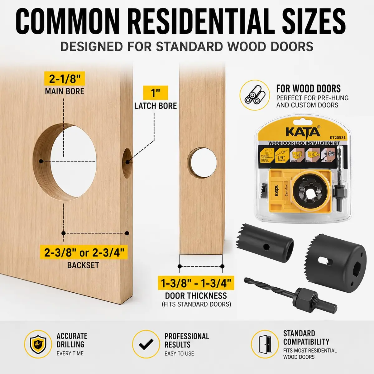 KATA Door Lock Installation Kit for Wood Doors 1.38-1.75 inch Thick | Includes Guide Template, Hole Saws, and Arbor - view 3