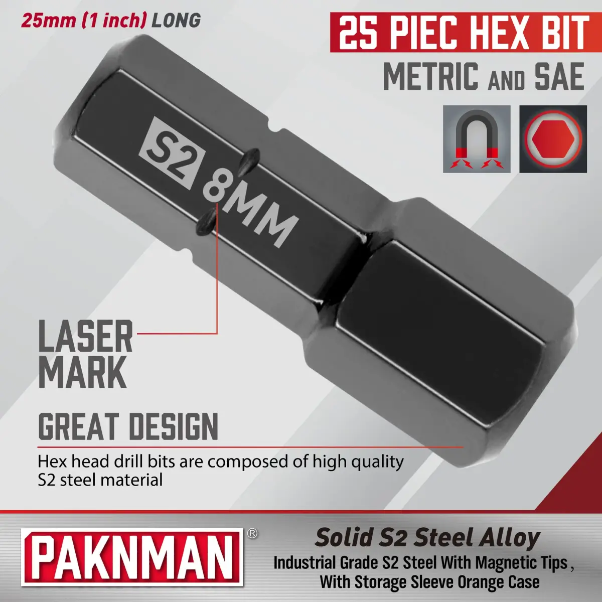 PAKNMAN 25-Piece Hex Head Allen Wrench Drill Bit Set, 1/4" (6.35mm) Magnetic Extension, Metric & SAE S2 Steel Hex Bits Set, 1" (25.4mm) Long - view 2