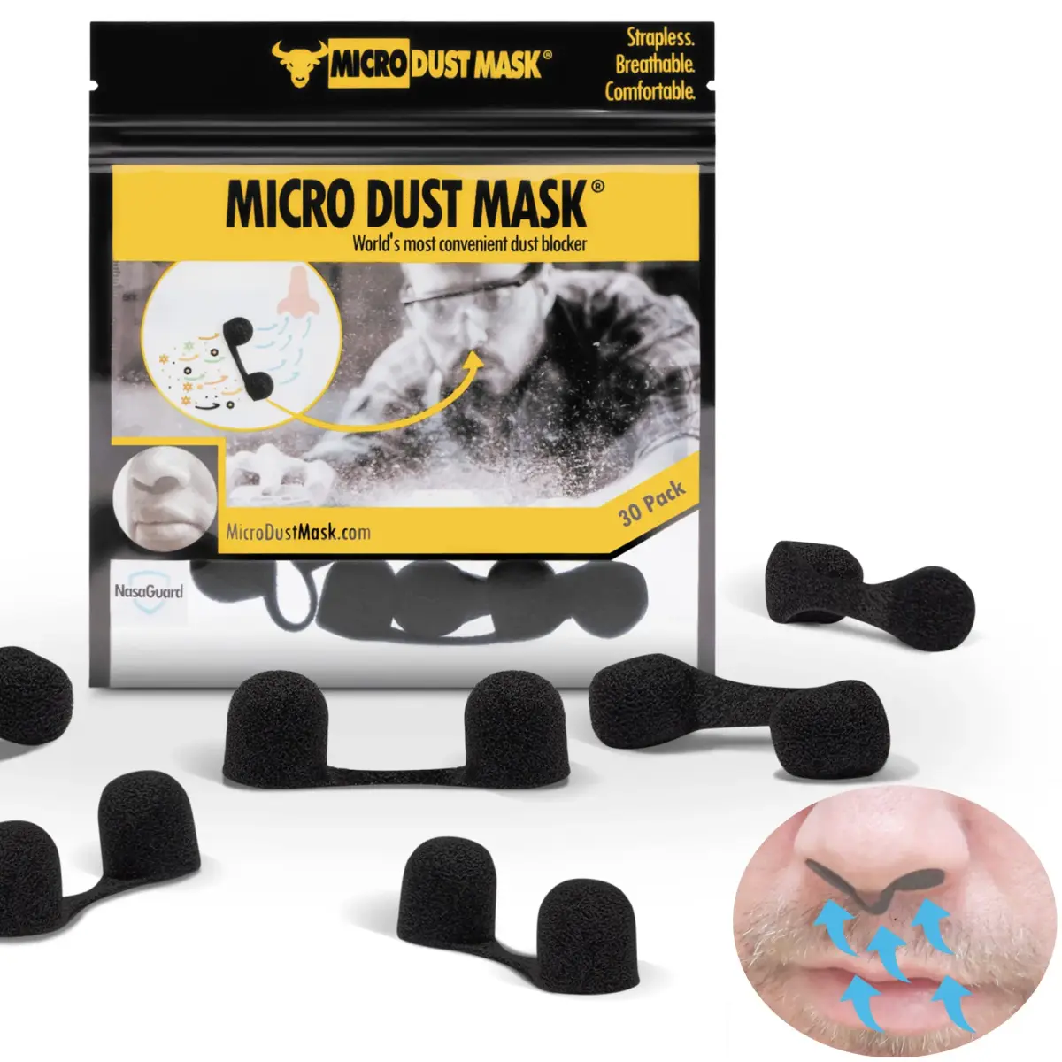 MICRO DUST MASK Nose Filter - Black - 30 Pack | Breathable for Woodworking, Lawn Mowing, Minor Construction - main product image