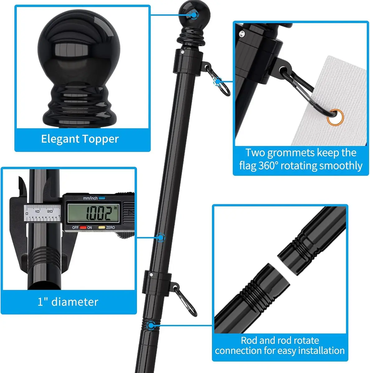ZMTECH Black Stainless Steel Flag Pole 1.8 m (6 FT) | Tangle-Free Outdoor House Flagpole Kit - view 5