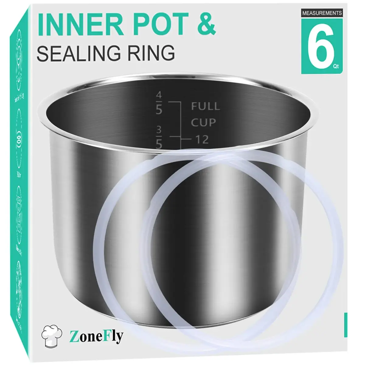 ZoneFly Stainless Steel Inner Pot & 2 Silicone Sealing Rings for Instant Pot 6 Qt | 2.27 kg (5 lb) Pot & Rings Set - main product image