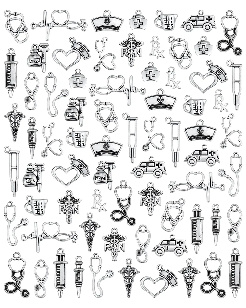JIALEEY 72 PCS Medical Nurse Charms Mixed | Antique Silver Jewelry Making Accessories - main product image