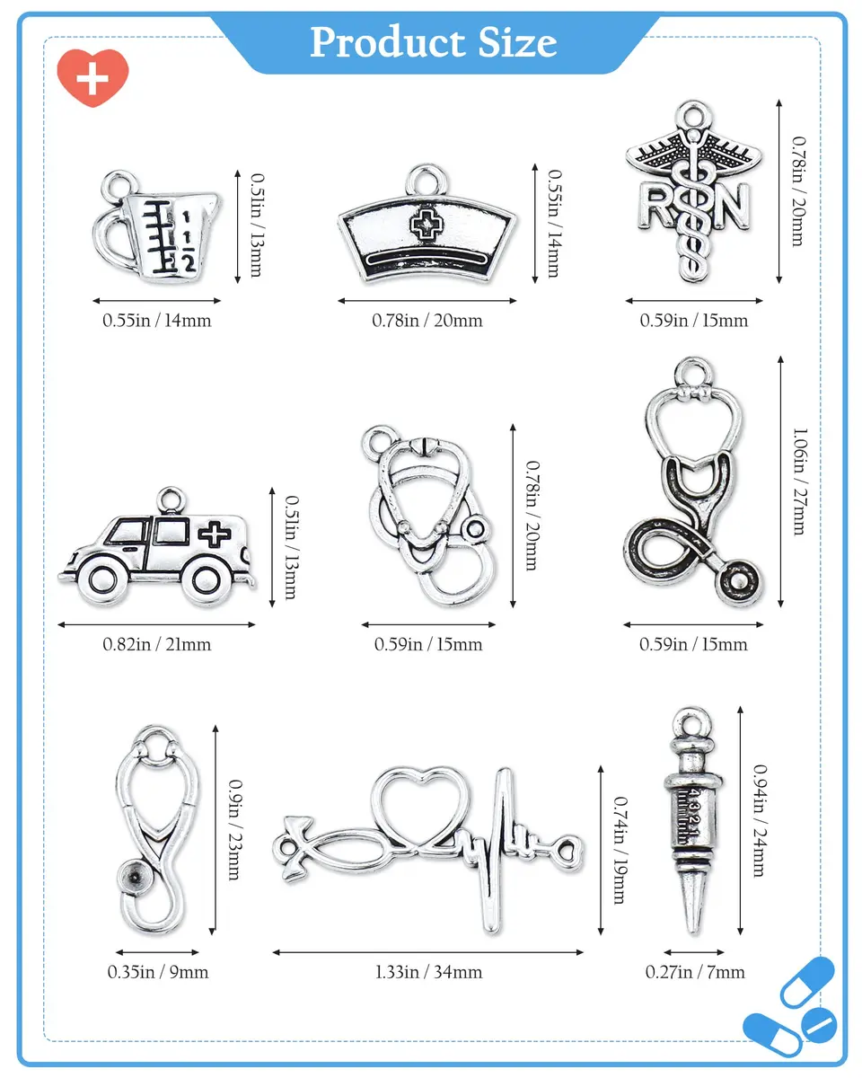 JIALEEY 72 PCS Medical Nurse Charms Mixed | Antique Silver Jewelry Making Accessories - view 2